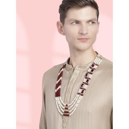 Peora Gold Plated Crystal & Beads Studded Maroon White Necklace Mala Sherwani Groom's Haar Ethnic Jewellery for Men - Image 2