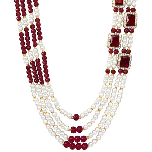 Peora Gold Plated Crystal & Beads Studded Maroon White Necklace Mala Sherwani Groom's Haar Ethnic Jewellery for Men - Image 5