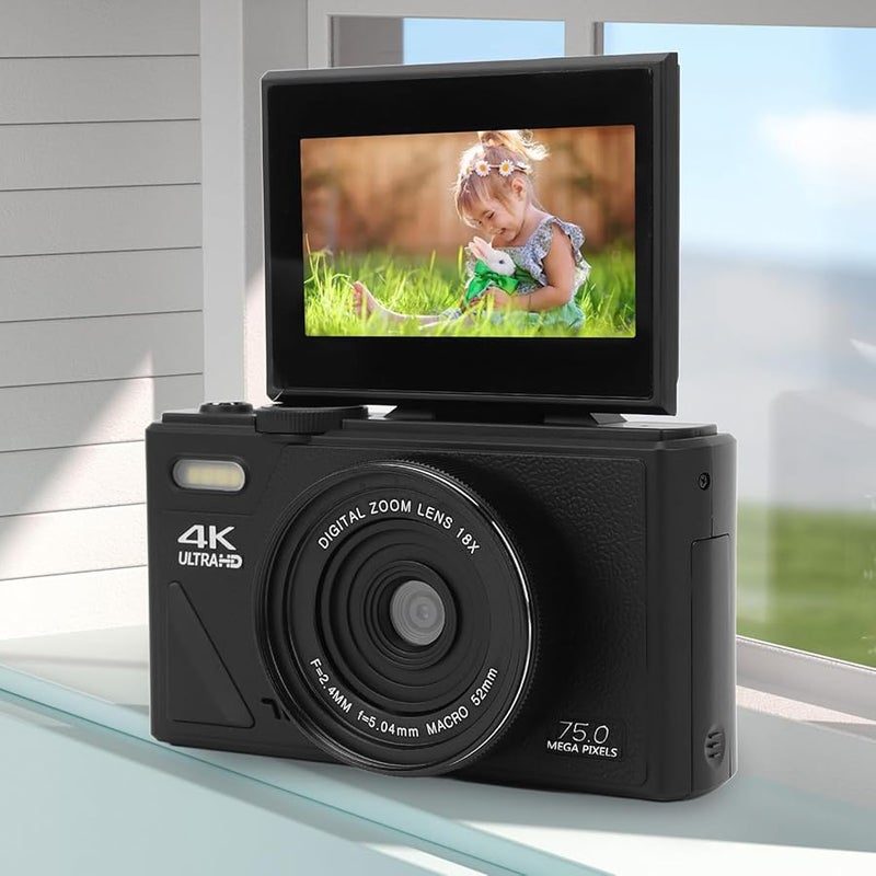 Black 5K Digital Camera for Photography 75MP HD 18X Zoom Autofocus Vlogging Camera with Flip Screen for Beginners - Image 5