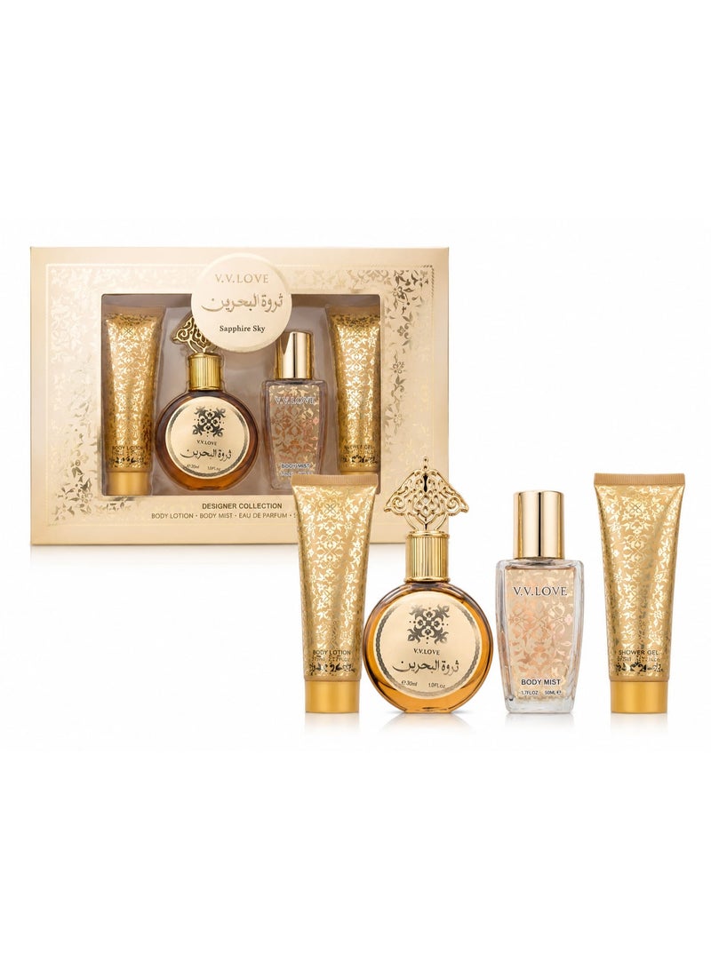 مجموعة عطور V.V.LOVE ثروة البحرين Sapphire Sky الفاخرة - لوشن الجسم، رذاذ الجسم، عطر أو دو بارفان، جل الاستحمام
