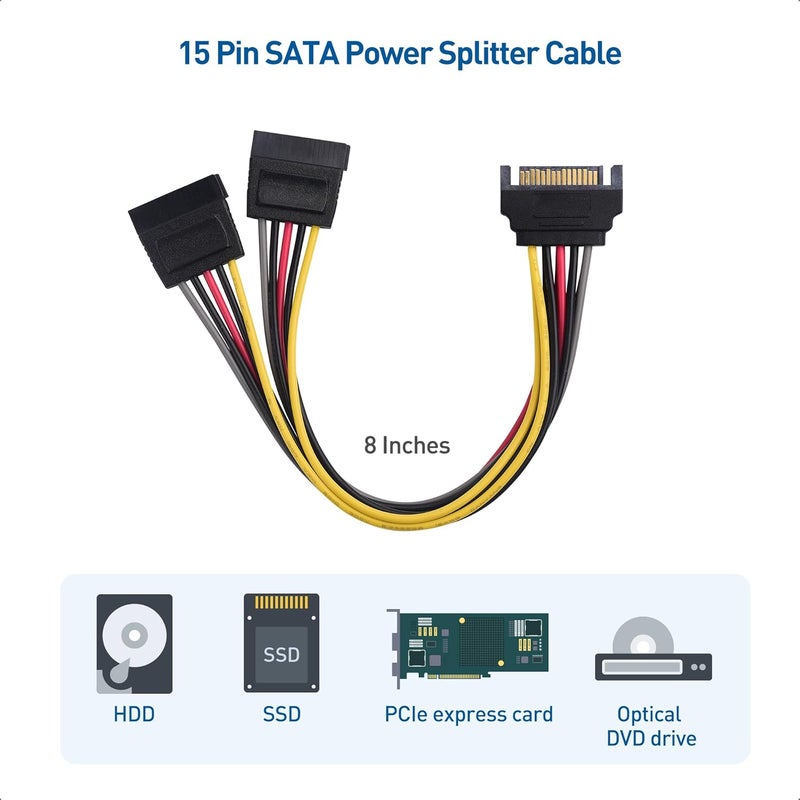 CableMatters 3-Pack 15 Pin SATA Power Splitter Cable - 8 Inches, SATA Power Y-Splitter Cable - Image 3
