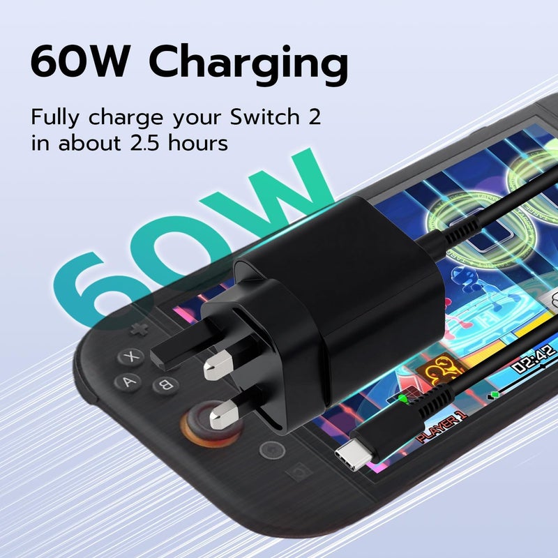 Mcbazel 60W Charger Compatible with Nintendo Switch 2, AC Power Supply Adapter Fast Charging with 5FT USB C Cord - Compatible with Switch/OLED/Lite, Steam Deck - Image 4