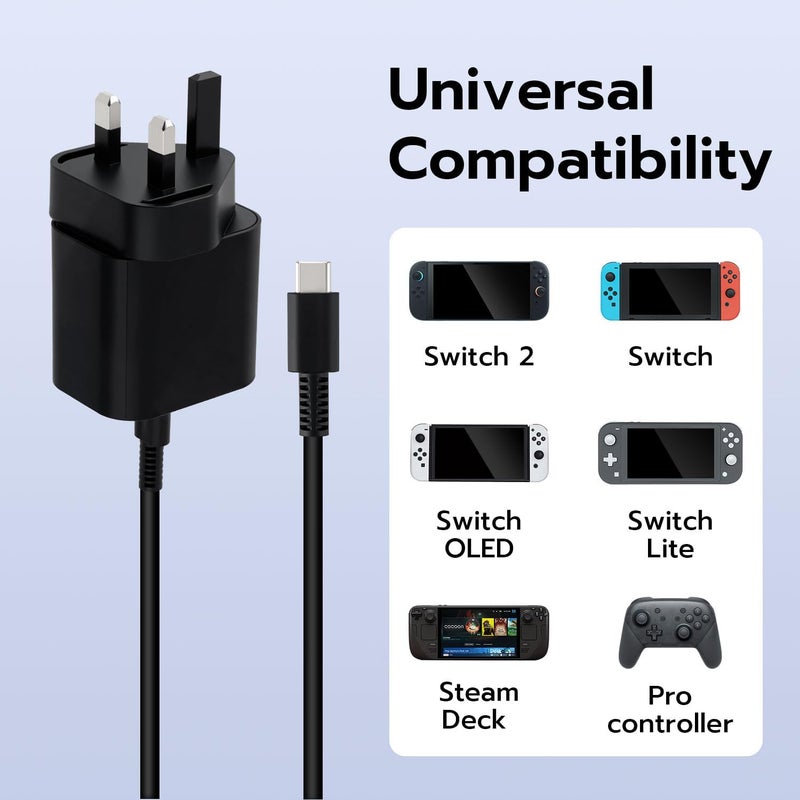 Mcbazel 60W Charger Compatible with Nintendo Switch 2, AC Power Supply Adapter Fast Charging with 5FT USB C Cord - Compatible with Switch/OLED/Lite, Steam Deck - Image 3