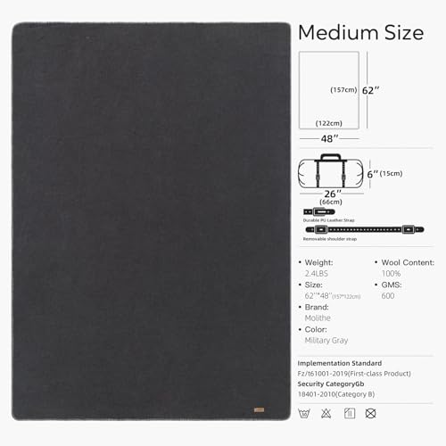 Molithe 100% Wool Blanket, 48" x 62", Warm, Thick, Washable, Military Wool Blanket, Great for Camping, Outdoors, Sporting Events, Survival Kits - Image 3