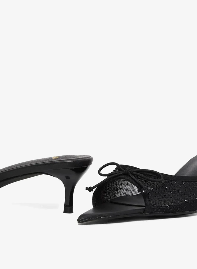 Styli Women Black Mesh Bow Kitten Heel Mules