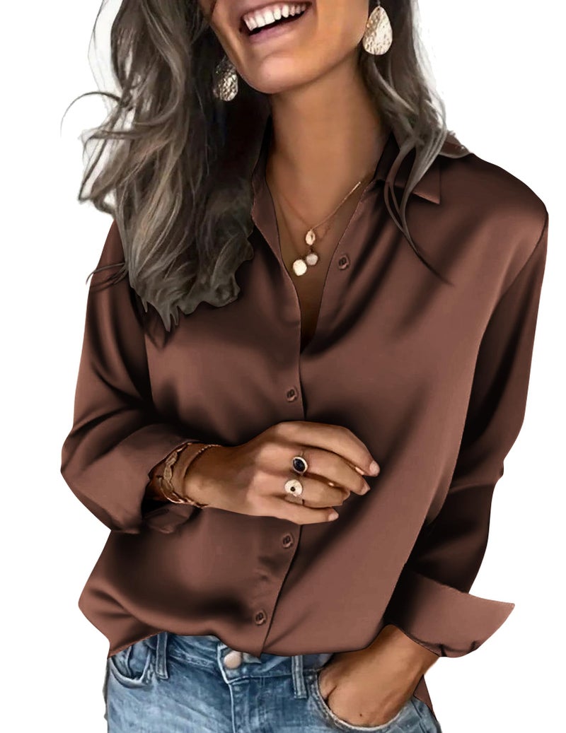 Zeagoo Tops for Women Satin Blouses Silk Button Down Shirts Long Sleeve Business Casual Attire Brown - Image 1