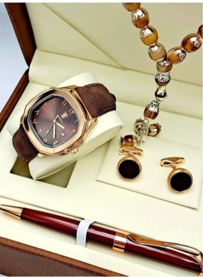 A men's watch set with analogues and a leather bracelet, which is water resistant, consisting of a watch, a cufflink, a pen, and a rosary