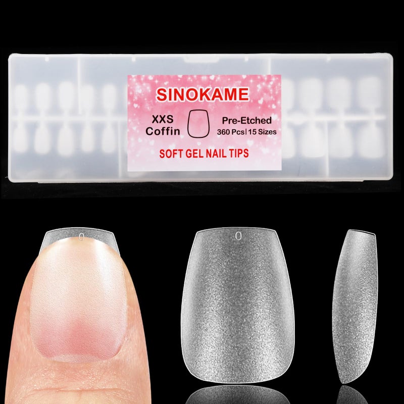 SINOKAME Extra Extra Short Coffin Nail Tips No File Matte XXS Coffin Soft Gel Fake Nails Full Cover Petite Nails for Small Regular Nail BedsClear Fake Acrylic Nails for Extension15 Sizes 360Pcs