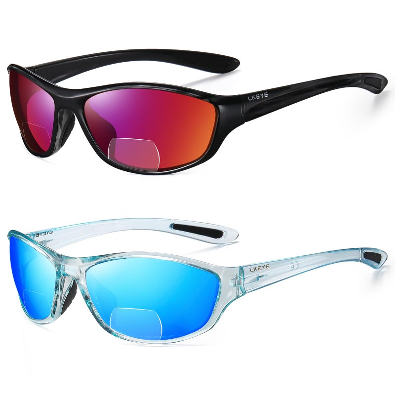 Lkeye Bifocal Reading Sunglasses For Men Women Sports Style Sun Reader Wrap Around Build-In Uv400 Driving Sports/Outdoor/Driving Eyewear Lk6092 (Red/Blue Magnifications+1.5X - Image 1