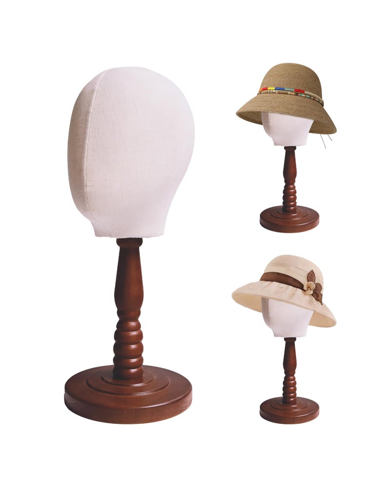 UnPinnable Canvas Mannequin Head Wig Head Stand Mannequin Head Hat Display Wig Head Hat Racks Standing Wig Holder Fabric Mannequin Head Stand for Wigs Hats Caps Headdress Canvas DomeWood Base