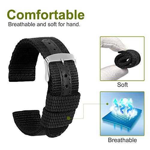 ULLCHRO Nylon Watch Strap Replacement Canvas Watch Band Military Army Men Women - 18mm, 20mm, 22mm, 24mm Watch Bracelet with Stainless Steel Silver Buckle (20mm, Black) - Image 3
