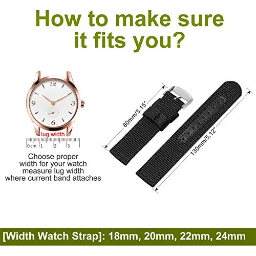 ULLCHRO Nylon Watch Strap Replacement Canvas Watch Band Military Army Men Women - 18mm, 20mm, 22mm, 24mm Watch Bracelet with Stainless Steel Silver Buckle (20mm, Black) - Image 5