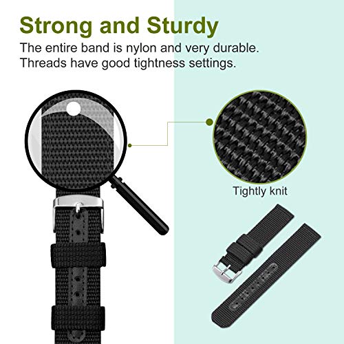 ULLCHRO Nylon Watch Strap Replacement Canvas Watch Band Military Army Men Women - 18mm, 20mm, 22mm, 24mm Watch Bracelet with Stainless Steel Silver Buckle (20mm, Black) - Image 2