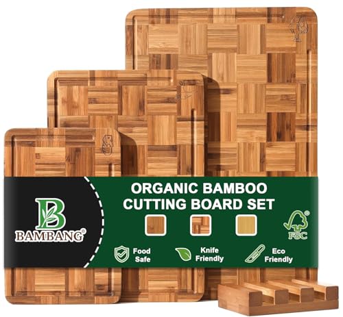 BAMBANG Bamboo Cutting Board for Kitchen with Juice Groove, End-Grain Butcher Block Chopping Boards, Checkered Wooden Cutting Boards Set of 3 with Stand, Knife-Friendly, Serving Tray - Image 1