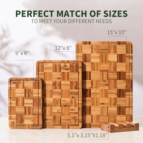BAMBANG Bamboo Cutting Board for Kitchen with Juice Groove, End-Grain Butcher Block Chopping Boards, Checkered Wooden Cutting Boards Set of 3 with Stand, Knife-Friendly, Serving Tray - Image 4