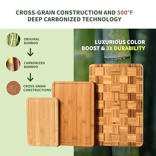 BAMBANG Bamboo Cutting Board for Kitchen with Juice Groove, End-Grain Butcher Block Chopping Boards, Checkered Wooden Cutting Boards Set of 3 with Stand, Knife-Friendly, Serving Tray - Image 5