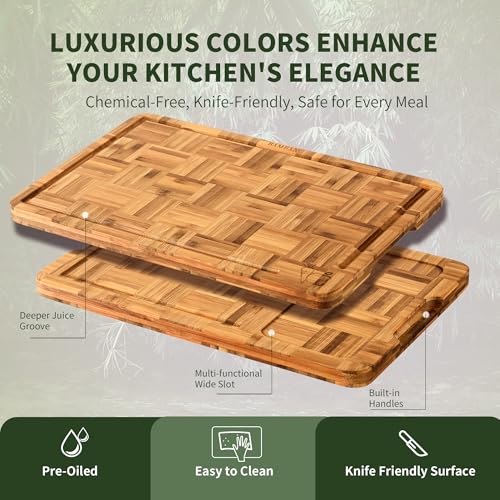 BAMBANG Bamboo Cutting Board for Kitchen with Juice Groove, End-Grain Butcher Block Chopping Boards, Checkered Wooden Cutting Boards Set of 3 with Stand, Knife-Friendly, Serving Tray - Image 3