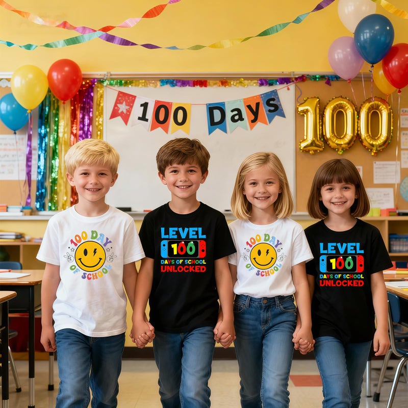 YWAGK 100th Day of School Shirt Boys Kids Level 100 Days of School Unlocked T-Shirts Toddler Back to School Tee Black (4-5 Years) - Image 5