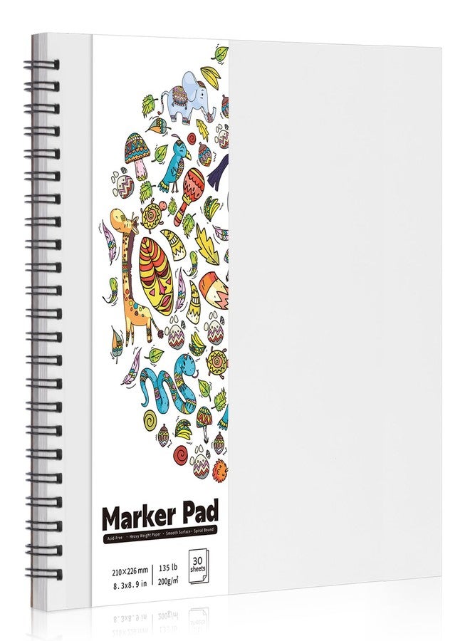 Prudiut 135lb/200gsm Marker Paper Pad, 8.3×8.9in Double Sided Bleedproof Sketch Pad, 30 Sheets Art Paper Spiral Sketchbook, Smooth Painting Coloring Alcohol Marker Paper for DIY, Gift - Image 1