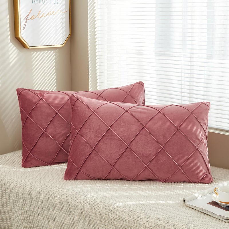 JAUXIO Diamond Pinch Pleated Crystal Velvet Pillowcases 2 Pack Solid Pintuck Throw Cushion Cover for Home Decor Hidden Zipper Closure (Dusty Rose  King) - Image 1