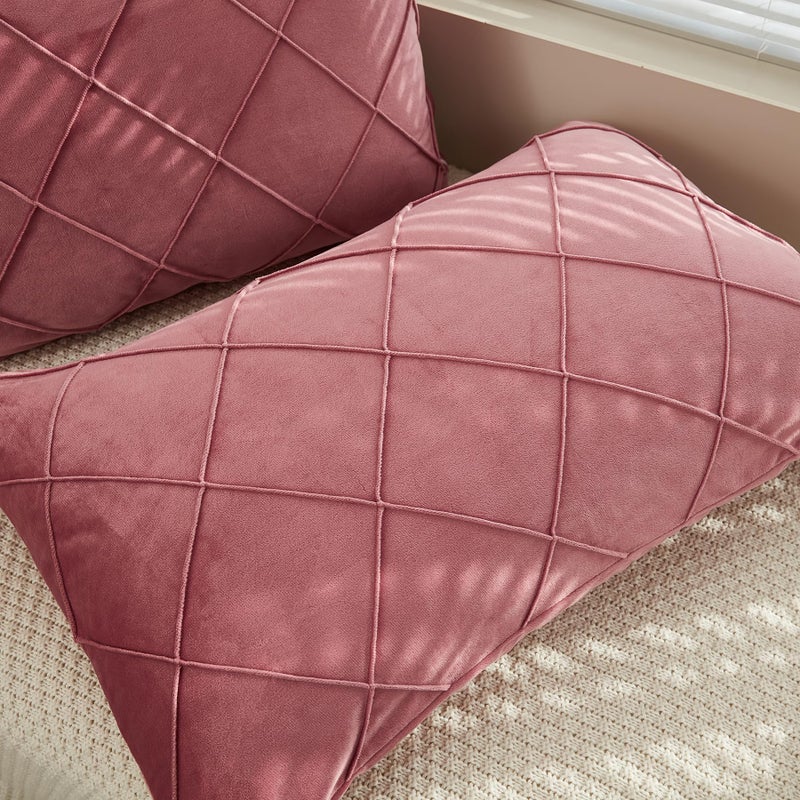 JAUXIO Diamond Pinch Pleated Crystal Velvet Pillowcases 2 Pack Solid Pintuck Throw Cushion Cover for Home Decor Hidden Zipper Closure (Dusty Rose  King) - Image 3