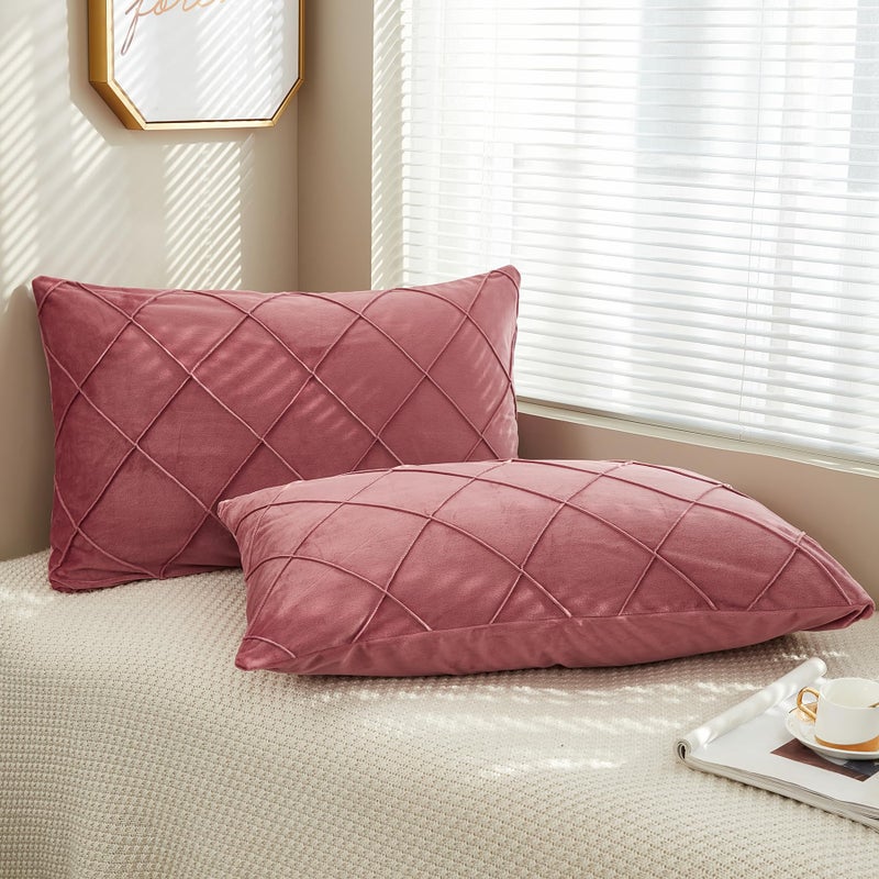 JAUXIO Diamond Pinch Pleated Crystal Velvet Pillowcases 2 Pack Solid Pintuck Throw Cushion Cover for Home Decor Hidden Zipper Closure (Dusty Rose  King) - Image 2