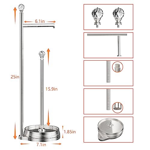 KASUNTO Toilet Paper Holder for Bathroom, Heavy Weighted Metal Free Standing Toilet Paper Holder Stand with Crystal Ball, Toilet Paper Roll Stand for Bathroom Accessories - Image 2