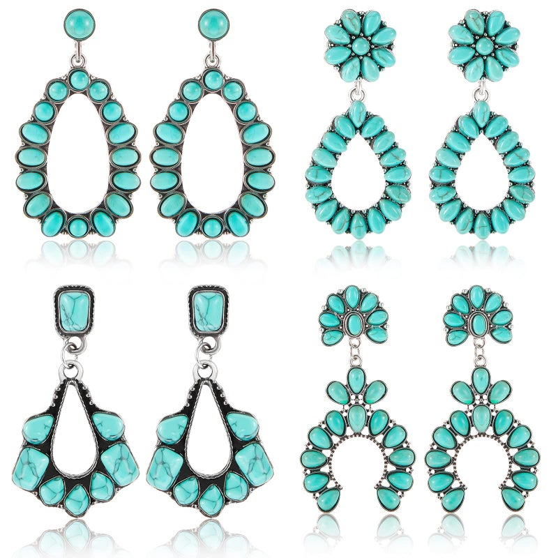 Bonuci Turquoise Oval Earring 4 Pairs Turquoise Bohemian Dangle Metal Earrings Western Earrings for Women Cowgirl Vintage Turquoise Earrings Statement Teardrop Earrings (Classic Style) - Image 1