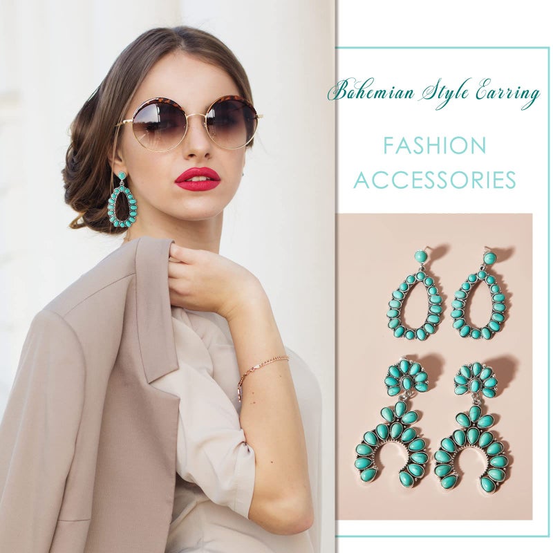 Bonuci Turquoise Oval Earring 4 Pairs Turquoise Bohemian Dangle Metal Earrings Western Earrings for Women Cowgirl Vintage Turquoise Earrings Statement Teardrop Earrings (Classic Style) - Image 3
