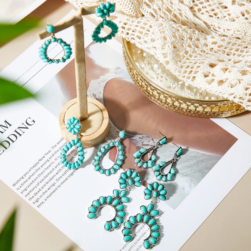 Bonuci Turquoise Oval Earring 4 Pairs Turquoise Bohemian Dangle Metal Earrings Western Earrings for Women Cowgirl Vintage Turquoise Earrings Statement Teardrop Earrings (Classic Style) - Image 4