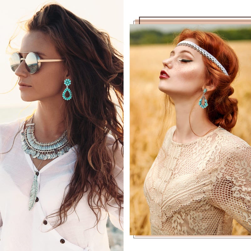 Bonuci Turquoise Oval Earring 4 Pairs Turquoise Bohemian Dangle Metal Earrings Western Earrings for Women Cowgirl Vintage Turquoise Earrings Statement Teardrop Earrings (Classic Style) - Image 5