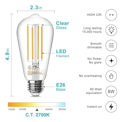 TJOY 12 Pack Vintage 8W ST58 LED Edison Light Bulbs, Dimmable, 60W Equivalent, 800Lumens, 2700K Warm White, E26 Base LED Filament Bulb, CRI80+, Antique Glass Style for Home, Bedroom, Office, Farmhouse - Image 2
