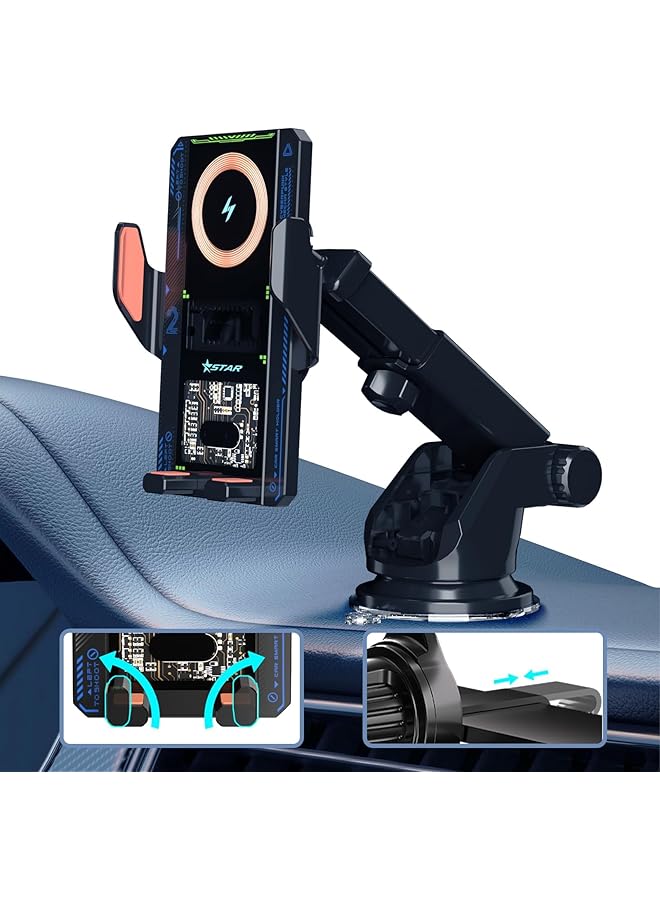 KASTWAVE Car Phone Holder, Auto Clamping Car Charger Phone Mount, Wireless Universal Dashboard Long Arm Fast Charging Holder, Super Suction Power & No-Wobbling, Fit For Iphone, Android, All Smartphones, Black - Image 1