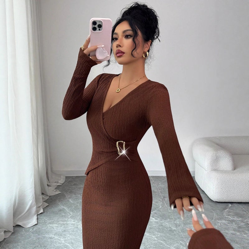 Women's Knit Bodycon Dress V-Neck Long Sleeve Solid Brown - Image 3
