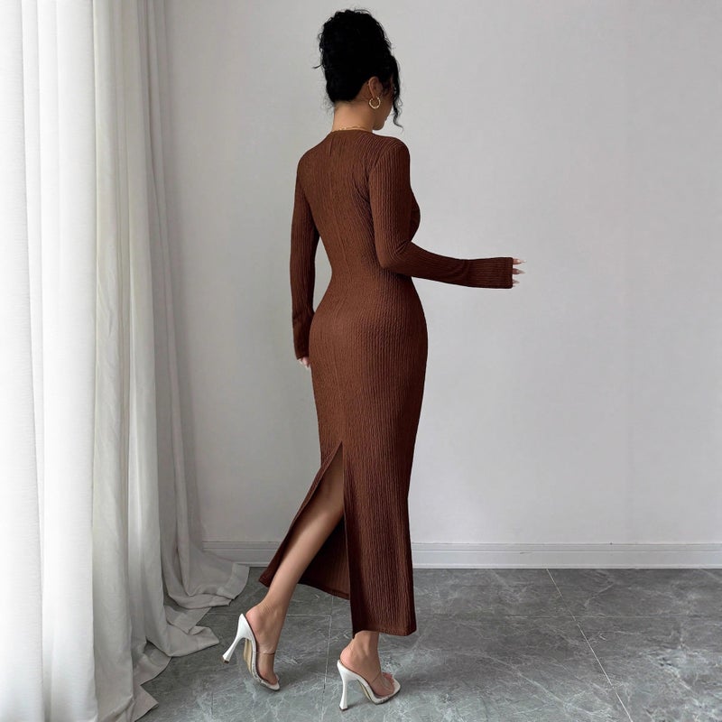 Women's Knit Bodycon Dress V-Neck Long Sleeve Solid Brown - Image 2