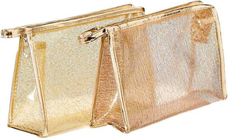3Pcs TPU Makeup Bags Set with Zipper Portable Cosmetic Pouch Travel Toiletry Organizer White Coffee Gold Wire - Image 1