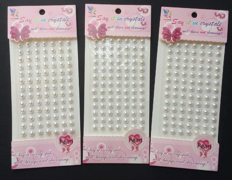 E Shopping Crystal Stone Finish Pearl Bead Sticker Sheet Set of 3 Sheets self Adhesive 5MM Diameter White - Image 1