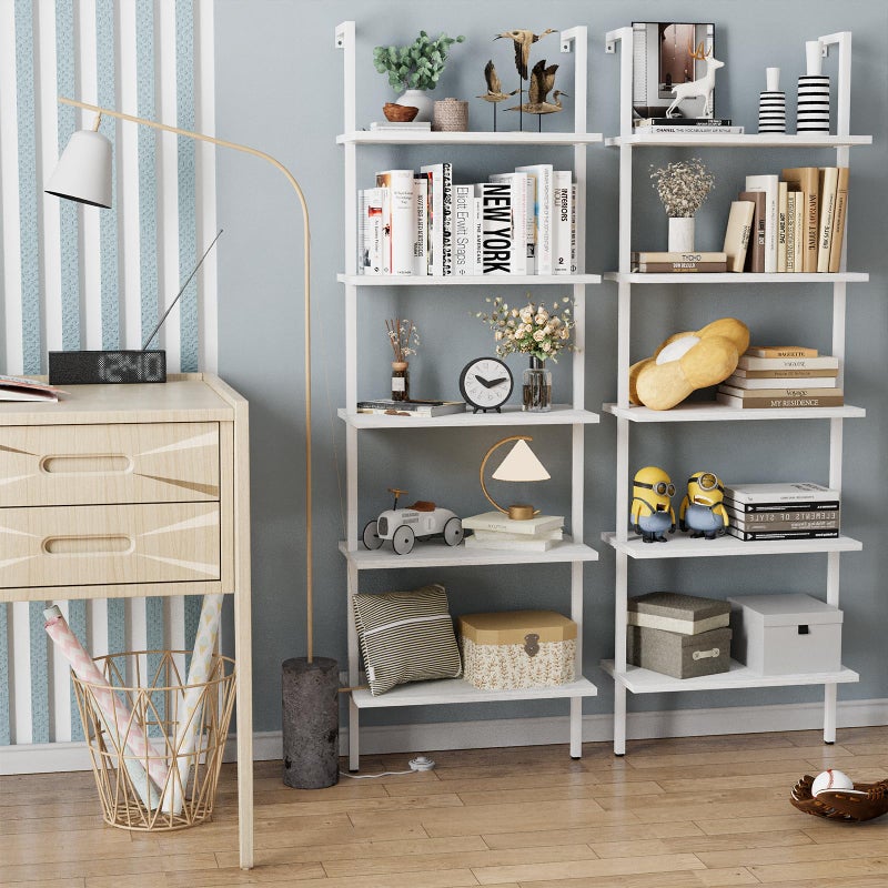 aboxoo Ladder Shelf White Wooden Bookshelf 5-Tier Wall-Mounted Open Wood Rack Industrial Modern Plant Flower Stand Utility Organizer Bookcase Metal Frame Furniture Office Kitchen Bedroom - Image 4
