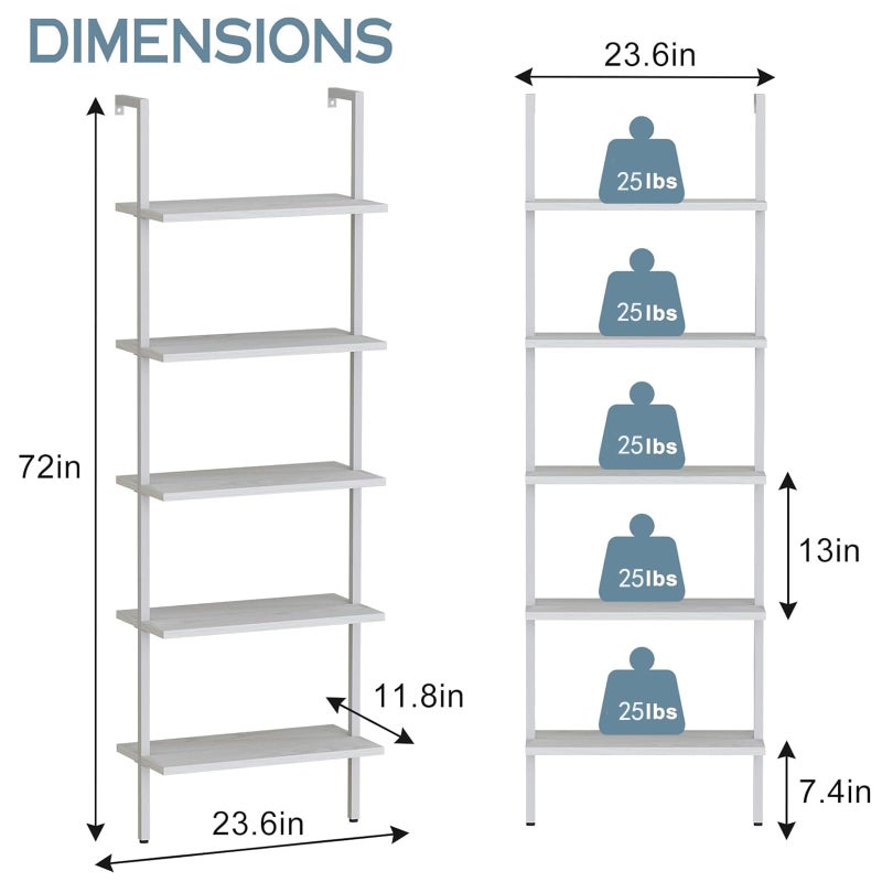 aboxoo Ladder Shelf White Wooden Bookshelf 5-Tier Wall-Mounted Open Wood Rack Industrial Modern Plant Flower Stand Utility Organizer Bookcase Metal Frame Furniture Office Kitchen Bedroom - Image 3