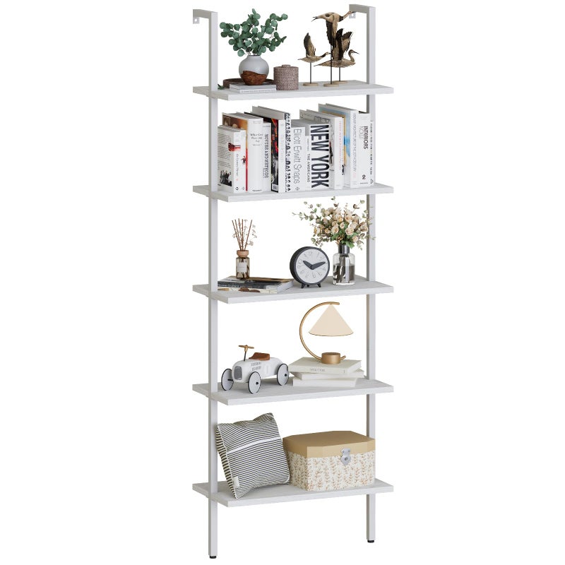 aboxoo Ladder Shelf White Wooden Bookshelf 5-Tier Wall-Mounted Open Wood Rack Industrial Modern Plant Flower Stand Utility Organizer Bookcase Metal Frame Furniture Office Kitchen Bedroom - Image 1
