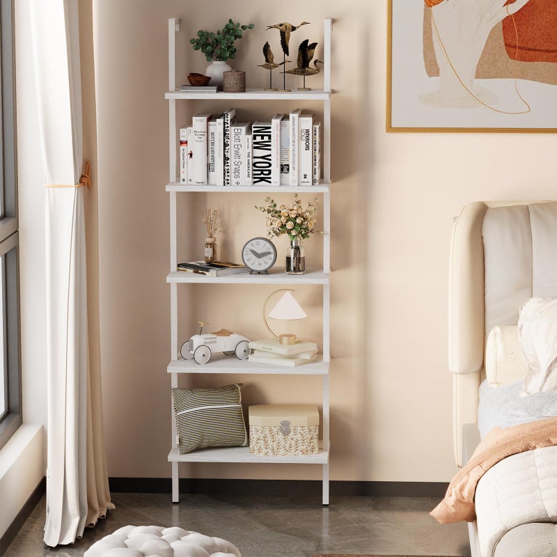 aboxoo Ladder Shelf White Wooden Bookshelf 5-Tier Wall-Mounted Open Wood Rack Industrial Modern Plant Flower Stand Utility Organizer Bookcase Metal Frame Furniture Office Kitchen Bedroom - Image 2