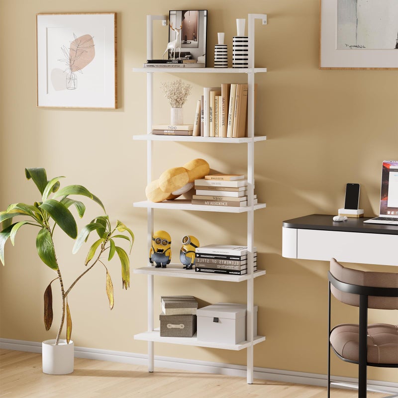 aboxoo Ladder Shelf White Wooden Bookshelf 5-Tier Wall-Mounted Open Wood Rack Industrial Modern Plant Flower Stand Utility Organizer Bookcase Metal Frame Furniture Office Kitchen Bedroom - Image 5