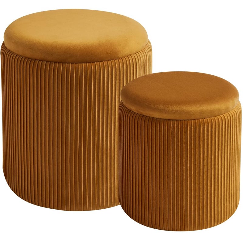 BLEXA Round Set of 2 Ottoman with Storage-Upholstered Velvet Vanity Stool for Makeup Multifunctional Ottomans Coffee Table Padded Seat Foot Rest for Living Room&Bedroom (Yellow) - Image 1