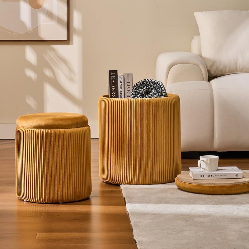 BLEXA Round Set of 2 Ottoman with Storage-Upholstered Velvet Vanity Stool for Makeup Multifunctional Ottomans Coffee Table Padded Seat Foot Rest for Living Room&Bedroom (Yellow) - Image 2