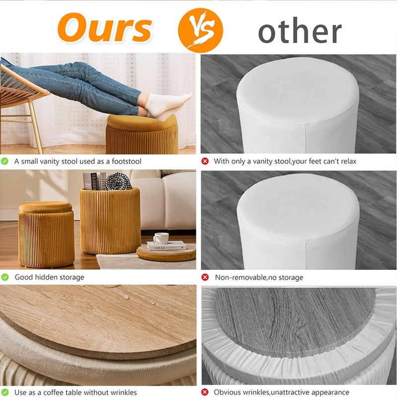 BLEXA Round Set of 2 Ottoman with Storage-Upholstered Velvet Vanity Stool for Makeup Multifunctional Ottomans Coffee Table Padded Seat Foot Rest for Living Room&Bedroom (Yellow) - Image 5