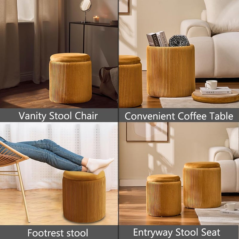 BLEXA Round Set of 2 Ottoman with Storage-Upholstered Velvet Vanity Stool for Makeup Multifunctional Ottomans Coffee Table Padded Seat Foot Rest for Living Room&Bedroom (Yellow) - Image 4