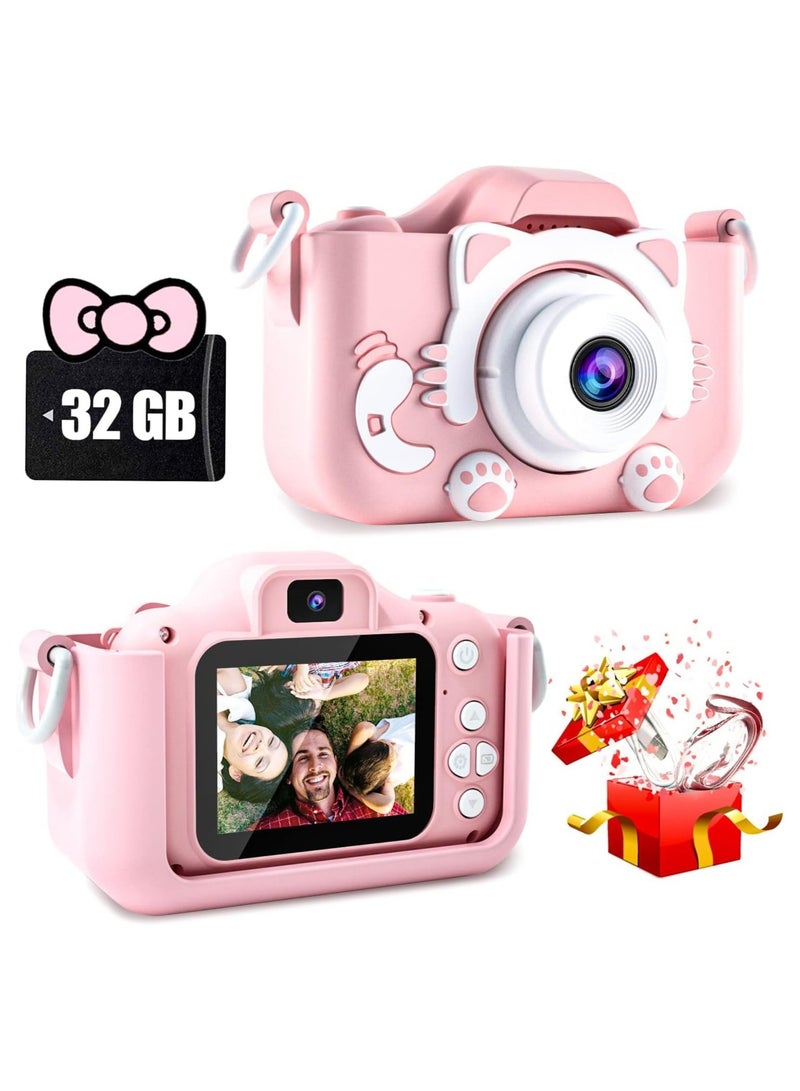 كاميرا أطفال للأولاد/البنات من 3-12 سنة، كاميرا رقمية للأطفال مع فيديو 1080P، هدايا عيد الميلاد و عيد الميلاد للأطفال، كاميرا سيلفي للأطفال، بطاقة SD سعة 32GB (وردي) - Image 1
