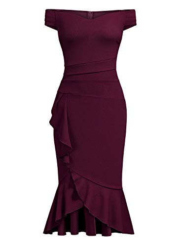 Knitee Women's Off Shoulder V-Neck Ruffle Pleat Waist Bodycon Evening Cocktail Slit Formal Dress (A-Burgundy, X-Large, x_l) - Image 5
