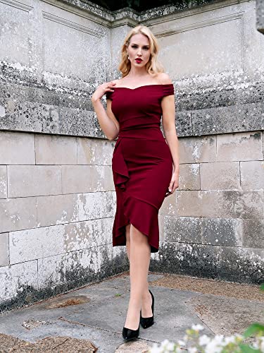 Knitee Women's Off Shoulder V-Neck Ruffle Pleat Waist Bodycon Evening Cocktail Slit Formal Dress (A-Burgundy, X-Large, x_l) - Image 3