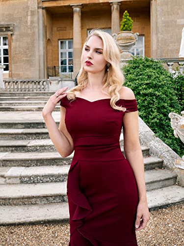 Knitee Women's Off Shoulder V-Neck Ruffle Pleat Waist Bodycon Evening Cocktail Slit Formal Dress (A-Burgundy, X-Large, x_l) - Image 4